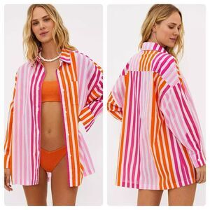 Beach Riot Shirt Alex Top Sunset Stripes Button Down Swim Cover Up Size L Petite